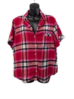 Victoria’s Secret Red Pink  Plaid Short Sleeve Button Up Sleep Shirt Large Soft